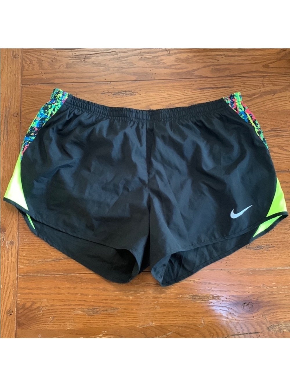 Nike Dri Fit Running Shorts Women's Black & Neon Swoosh Built-in Liner Size L